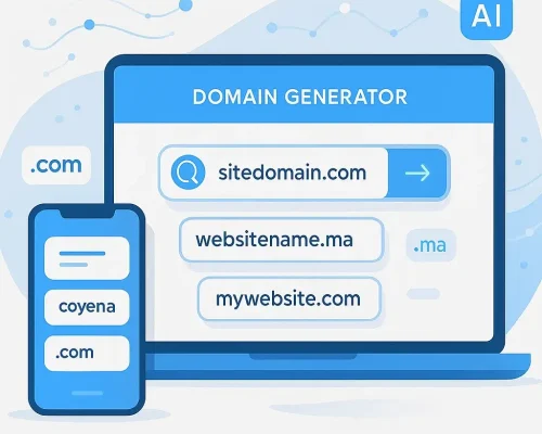 Générateur de Noms de Domaine IA – Créez Votre Identité en Ligne Interface moderne d'un générateur de noms de domaine utilisant l'IA
